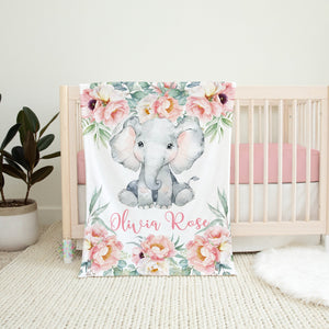 Elephant Baby Blanket, Personalized Blush Pink Flowers Floral Roses Baby Girl Name Blanket, Peach Eucalyptus Leaves Baby Shower Gift B1622