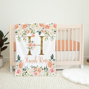 Peach Floral Girl Name Blanket, Watercolor Flowers Roses Gold Blush Pink Baby Girl Personalized Blanket, Baby Shower Gift B1490