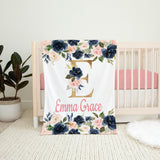 Navy Blush Pink Floral Girl Name Blanket Flowers Newborn Baby Girl Personalized Baby Shower Gift Toddler Birthday Gift B1344