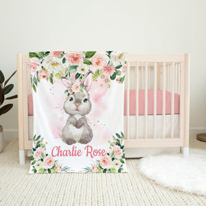 Bunny Rabbit Baby Girl Name Blanket Blush Pink Floral Roses Blanket Newborn Monogram Flowers Baby Shower Gift Bunny B1330