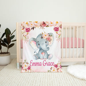Elephants Baby Girl Name Blanket Watercolor Blush Pink Peach Flowers B924