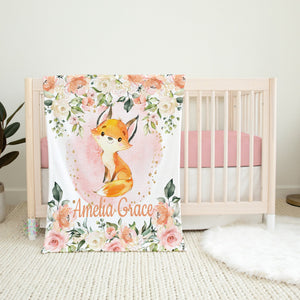 Fox Girl Floral Name Blanket, Watercolor Blush Pink Peach Flowers Baby Girl Personalized Blanket, Baby Shower Gift B1511