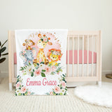 Safari Animals Floral Jungle Baby Girl Blanket Blush Pink Gold Flowers Name Blanket Newborn Monogram Baby Shower Gift B1041