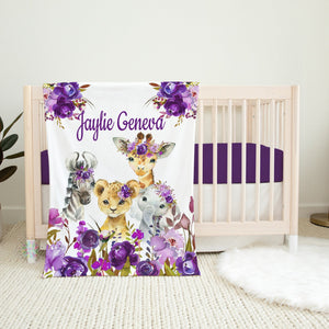 Safari Animals Baby Name Blanket, Purple Lavender Floral Watercolor Flowers Baby Shower Gift Lion Elephant Giraffe Zebra B1506