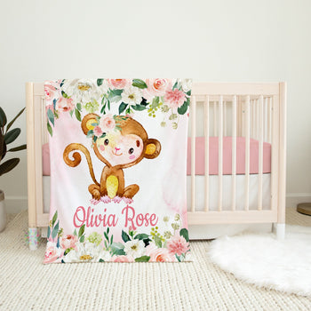 Monkey Baby Girl Name Blanket Watercolor Coral Blush Pink Floral Roses Newborn Baby Girl Name Monogram Flowers Baby Shower Gift Bedding B932