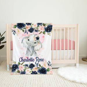 Elephant Baby Blanket Navy Blue Coral Blush Pink Floral Name Personalized Girl Swaddle Flowers Baby Shower Gift Nursery Bedding B1081