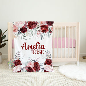 Burgundy Red Floral Girl Blanket, Personalized Red Blush Pink Roses Name Blanket, Baby Shower Gift Toddler Custom Nursery Decor B1696