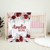 Burgundy Red Floral Girl Blanket, Personalized Red Blush Pink Roses Name Blanket, Baby Shower Gift Toddler Custom Nursery Decor B1696