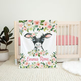 Cow Baby Girl Name Blanket, Farm Animals Floral Blanket, Blush Pink Watercolor Flowers Cow Baby Shower Gift Farm Calf Blanket B1495