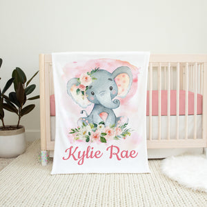 Elephant Floral Girl Name Blanket, Personalized Baby Girl Blanket, Watercolor Blush Pink Flowers,Newborn Baby Shower Gift B1275