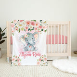 Elephant Floral Girl Name Blanket, Personalized Baby Girl Blush Pink Flowers Blanket Newborn Baby Shower Gift B1245