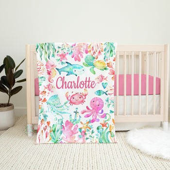 Sea Animals Baby Girl Name Blanket, Personalized Watercolor Turtle Octopus Under The Sea Baby Shower Gift Nursery B1501
