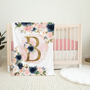 Floral Girl Name Blanket Blush Pink Navy Blue Gold Coral Flowers Newborn Baby Girl Personalized Baby Shower Gift B1422