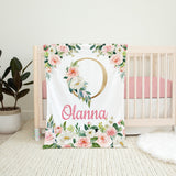 Blush Pink Floral Baby Girl Monogram Blanket B1523