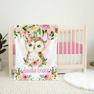 Owl Floral Baby Blanket, Personalized Blush Pink Watercolor Flowers Roses, Owls Girl Name Blanket, Baby Shower Gift, Newborn Gift B1268