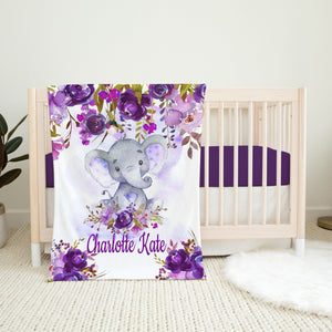 Elephants Baby Girl Blanket Floral Purple Lavender Plum Flowers Newborn Girl Name Blanket Monogram Flowers Baby Shower Gift Bedding B890