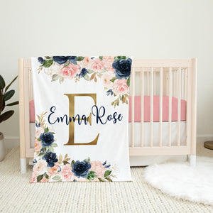 Floral Girl Name Blanket Blush Pink Navy Blue Gold Coral Flowers Newborn Baby Girl Personalized Baby Shower Gift B1420