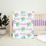 Floral Baby Girl Name Blanket Purple Lavender Teal Flowers, Personalized Newborn Baby Shower Gift Newborn Swaddle Receiving Blanket 637