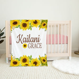 Sunflowers Baby Girl Name Blanket, Personalized Watercolor Yellow Flowers Baby Girl Shower Gift Newborn Nursery Sunflower B1256
