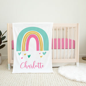 Rainbow Baby Girl Blanket, Baby Girl Pink Rainbows Hearts Personalized Name Blanket Newborn Baby Shower Gift B1458