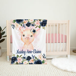 Piggy Floral Baby Name Blanket Navy Blue Blush Pink Floral Piglet Personalized Girl Flowers Blanket Baby Shower Gift g B1270