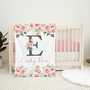 Pink Floral Baby Blanket, Watercolor Flowers Pink Coral Roses Monogram Blanket, Personalized Baby Girl Blanket, Baby Shower Gift B1527