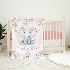 Elephant Baby Girl Blanket, Personalized Blush Pink Floral Roses Name Blanket, Elephant Flowers Baby Shower Gift Floral B1435