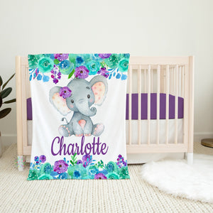 Elephant Floral Baby Girl Blanket, Purple Teal Flowers Name Blanket, Newborn Monogram Baby Shower Gift Nursery Blanket B1279