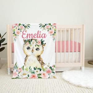 Owl Floral Baby Girl Name Blanket, Blush Pink Watercolor Flowers Personalized Blanket, Baby Shower Gift B1269