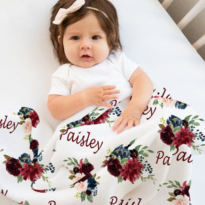 Floral Baby Girl Name Blanket, Burgundy Red Blush Pink Navy Blue Watercolor Flowers Blanket, Newborn Baby Shower Gift, Blanket B1266