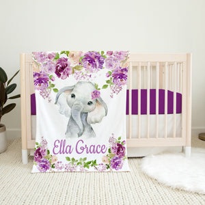 Elephant Purple Floral Girl Blanket, Purple Lavender Lilac Flowers Personalized Girl Blanket, Baby Shower Gift Nursery B1157