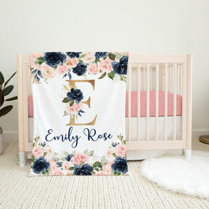 Floral Girl Name Blanket Blush Pink Navy Blue Gold Coral Flowers Newborn Baby Girl Personalized Baby Shower Gift B1437