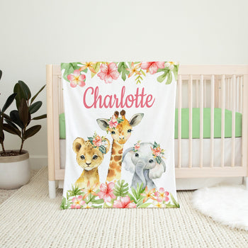 Safari Animals Floral Girl Name Blanket Tropical Flowers Leaves Name Monogram Baby Shower Gift Jungle Gift Lion Giraffe Elephant B1012