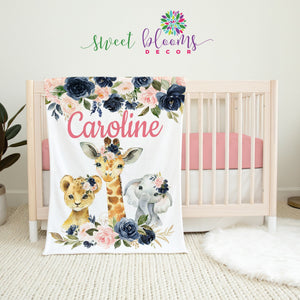 Animals Baby Girl Name Blanket Blush Pink Navy Floral Safari Jungle Animals Newborn Monogram Flowers Baby Shower Gift B1182