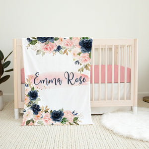 Personalized Floral Girl Name Blanket Blush Pink Navy Blue Gold Coral Flowers Newborn Baby Girl Baby Shower Gift B1422