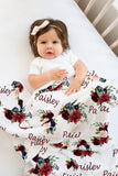 Floral Baby Girl Name Blanket, Burgundy Red Blush Pink Navy Flowers  B1266