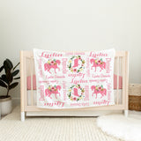 Horse Floral Baby Girl Blanket, Pink Flowers Horses Shoe Name Blanket Baby Shower Gift Nawborn Blanket B475