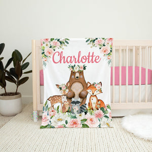 Woodland Animals Baby Girl Floral Name Blanket, Blush Pink Flowers Roses Newborn Baby Shower Gift Forest Animals Nursery Bedding B1014