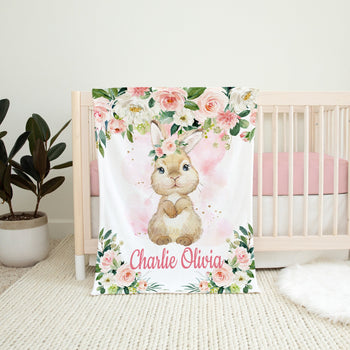 Bunny Rabbit Baby Girl Name Blanket with Blush Pink Flowers Roses