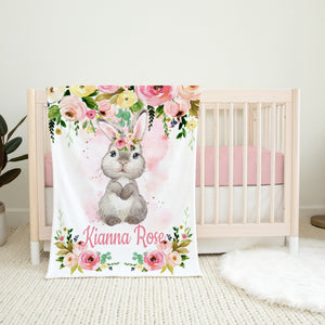 Bunny Rabbit Baby Girl Name Blanket Blush Pink Floral Blanket Newborn Baby Girl Monogram Flowers Baby Shower Gift Bunny B1293