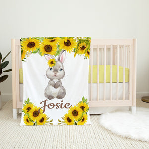 Sunflower Bunny Name Blanket, Floral Personalized Watercolor Flowers Baby Girl Shower Gift Newborn Nursery Sunflower B1321
