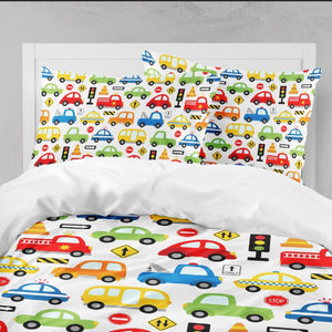 Transportation Kids Comforter Bedding Set, Cars Fire Trucks Stop Sign Boy Bedding Set Pillow Shams Pillowcases P102