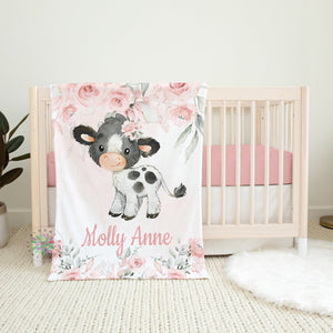 Cow Blanket, Personalized Baby Girl Farm Animals Blanket, Blush Pink Flowers, Nursery Bedding Decor, Newborn Baby Shower Gift B1656