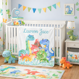 Children's room with dinosaur-themed crib set, toys, and decor.