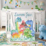 Crib with dinosaur-themed blanket and toys in a nursery setting