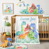 Children's room with dinosaur-themed bedding and decor