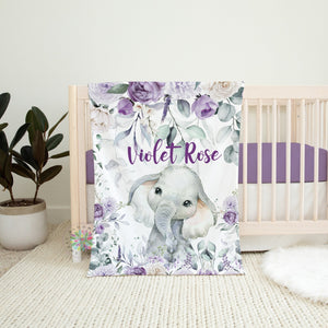 Elephant Purple Floral Blanket, Personalized Baby Girl Name Violet Eucalyptus Leaves Jungle Greenery Newborn Baby Shower Gift Nursery B1673