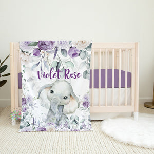 Elephant Purple Floral Blanket, Personalized Baby Girl Name Violet Eucalyptus Leaves Jungle Greenery Newborn Baby Shower Gift Nursery B1673