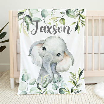 Personalized Elephant Baby Boy Blanket with Greenery