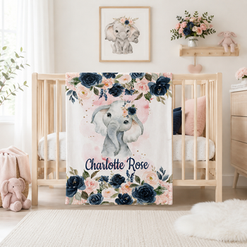 Personalized Baby Blanket, Elephant Floral Name Gift, Blush Pink Navy Flowers